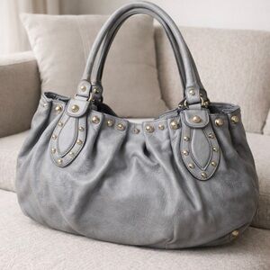 AUTHENTIC GUCCI PELAM GRAY STUDDED LEATHER SHOULDER BAG LARGE SLOUCHY GOLD HW